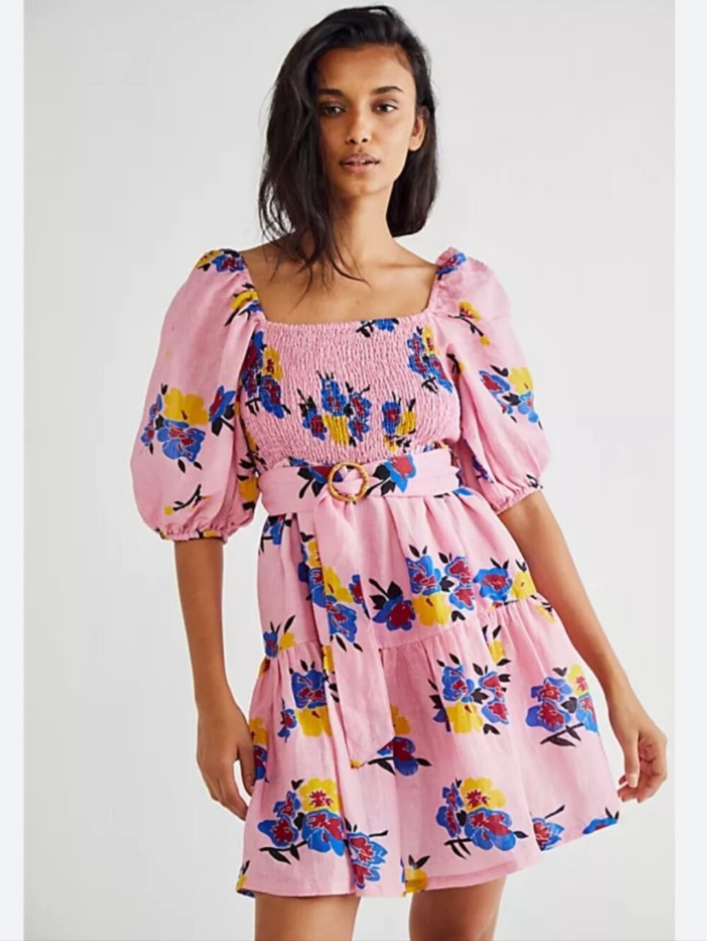 Free People Place Nationale Puff-Sleeve Pink Floral Smocked Ruffle Dress Size 2